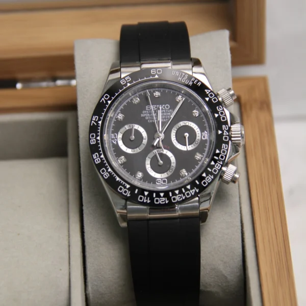 Seiko Mod Daytona VK63 Black Silver Diamond 40mm - Image 2